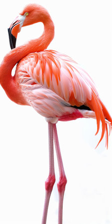 Close-up of a flamingo with a vibrant pink plumage against a white background.の素材