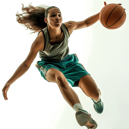 An athletic woman mid-jump with basketball, displaying dynamic sport motion and determination.の素材
