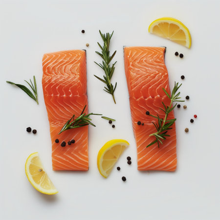 Top view of raw salmon slices garnished with rosemary, pepper, and lemon on white background.の素材