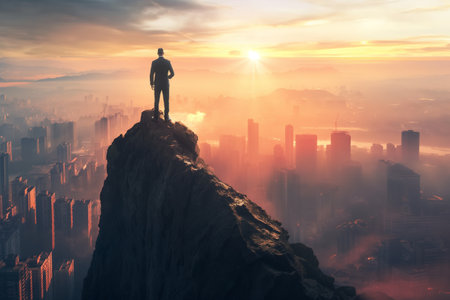 Man stands atop a cliff overlooking a sunrise cityscape, symbolizing achievement and future goalsの素材