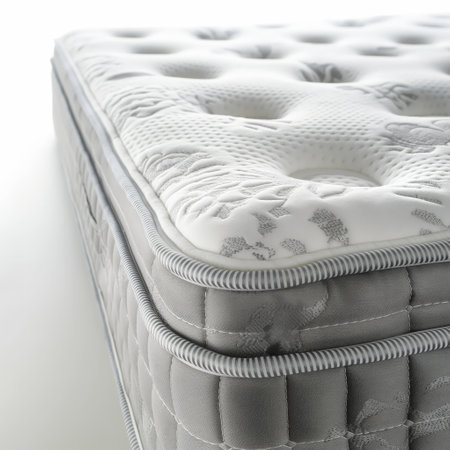Detailed view of a corner of a plush mattress with intricate quilting and edging, emphasizing comfort and quality.の素材