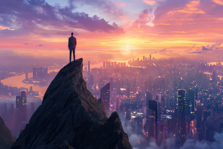 A person standing atop a mountain peak with a vibrant sunset and futuristic city below.の素材
