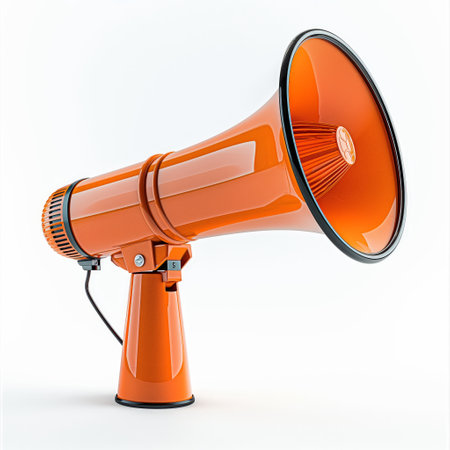 A vivid orange megaphone isolated on a clean white backdrop, symbolizing communication, announcements, and loud messaging.の素材
