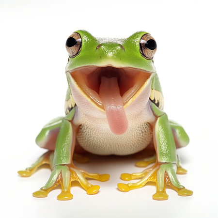 A close-up image of a green frog with its mouth wide open, displaying a playful or surprised expression.の素材