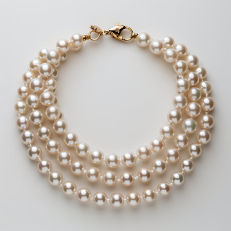 Triple strand pearl necklace with gold clasp, isolated on white, symbolizing luxury and elegance.の素材