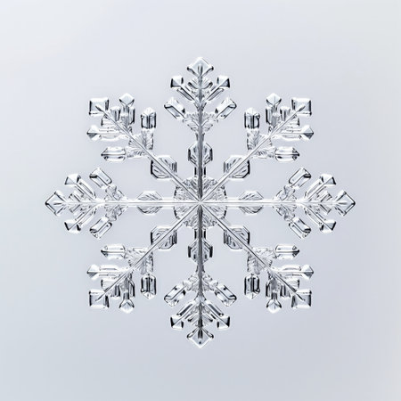 A symmetrical and detailed crystal snowflake isolated on a clean white background, reflecting elegance and winters beauty.の素材