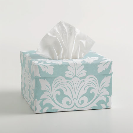 A blue tissue box with an elegant white floral pattern displayed on a plain background.の素材