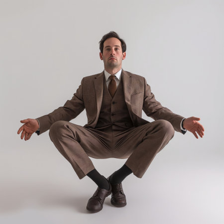 Man in a suit sitting mid-air in a meditative pose, symbolizing calmness and control in the corporate world.の素材