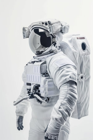 A modern astronaut equipped with a space suit, helmet and gear against a white backdrop, highlighting space exploration.の素材