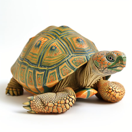 A vibrant hand-painted ceramic turtle figurine with intricate patterns, isolated on a white background.の素材