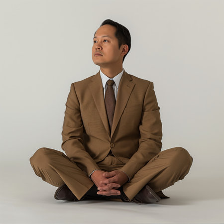 A man in a brown suit sits cross-legged in a zen-like pose, combining business with mindfulness.の素材