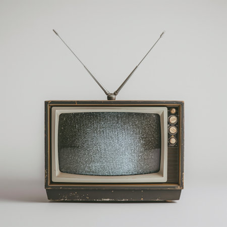 An old-fashioned TV with a static-filled screen and antenna on a plain background, symbolizing technology of the past.の素材