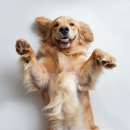 Joyful golden retriever lying on back with paws up as if hugging the viewer, showing happiness and affection.の素材