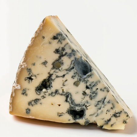 A close-up of a wedge of blue cheese showcasing its texture and mold patterns.の素材