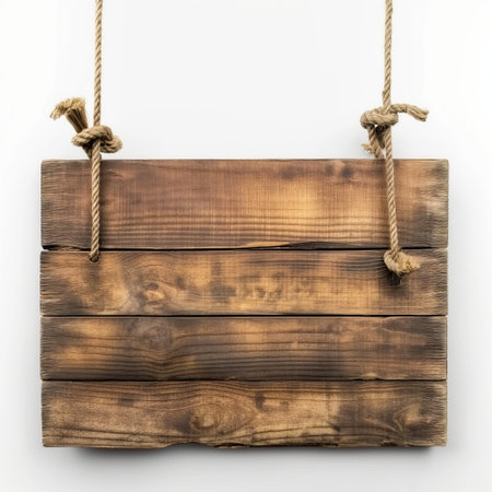 A rustic wooden signboard suspended by knotted ropes against a white background, with space for custom text.の素材