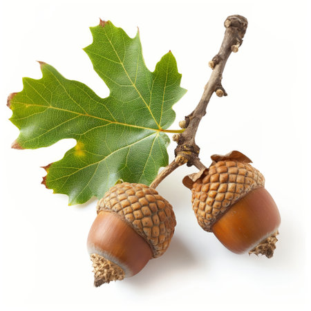 Close-up of two acorns attached to a twig with a vibrant green oak leaf, isolated on a white background.の素材