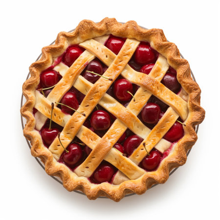 Classic cherry pie with a lattice crust and bright red cherries, isolated on white background, top view.の素材