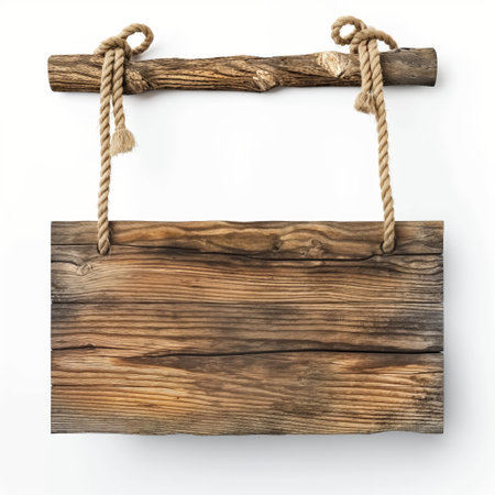 Rustic wooden sign hanging from a branch with a sturdy rope against a white background, space for text.の素材