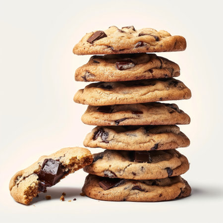 A tall stack of freshly baked chocolate chip cookies with one cookie broken, revealing melted chocolate.の素材