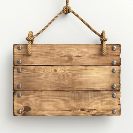 Blank wooden signboard with a rustic feel, suspended by a knotted rope against a white background.の素材