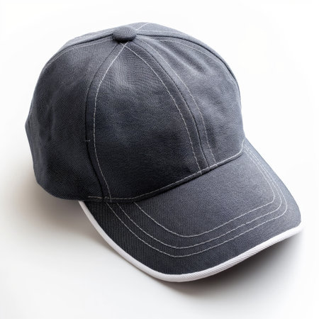 A black baseball cap isolated on a white backdrop, showcasing the design and texture of the fabric.の素材