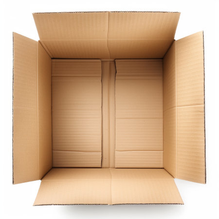 Top view of an open, empty cardboard box ready for packing or unpacking items.の素材