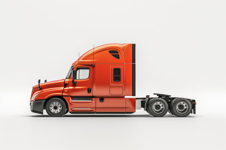 A side view of an orange semi truck isolated on a white background, symbolizing transport and logistics.の素材
