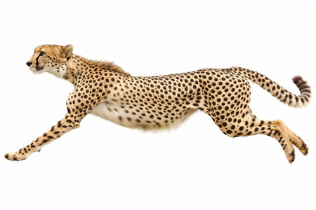 A cheetah in full sprint, showcasing the animals speed and grace. Isolated on a white background for versatile use.の素材