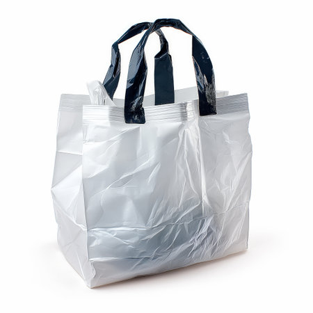 A single white reusable tote bag with black handles, isolated on a white background, symbolizing eco-friendly shopping.の素材