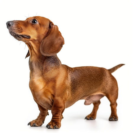 A curious dachshund looking upwards against a white background with space for textの素材