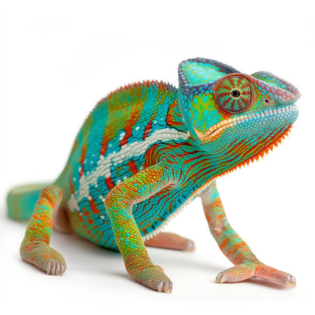 A vibrant chameleon displays its unique colors and patterns against a stark white backdrop, showcasing natures artistry.の素材