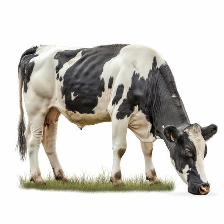A Holstein cow with distinctive black and white patches grazing calmly on a patch of grass.の素材