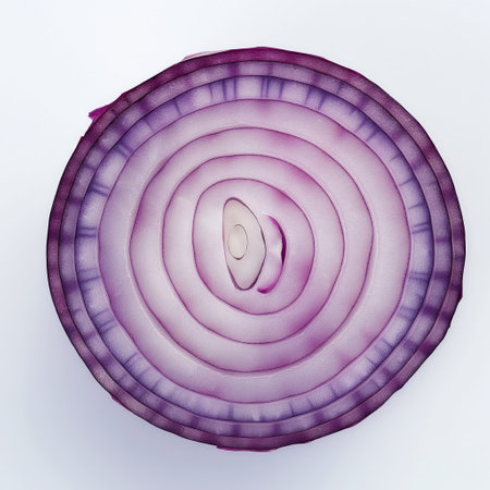 Close-up of a red onion cross-section showcasing its natural patterns.の素材