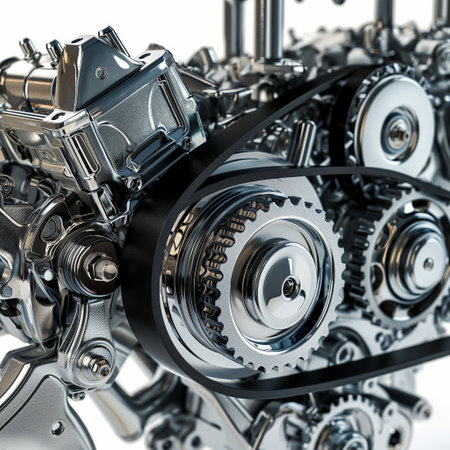 Detailed close-up of metal gears and mechanical parts illustrating industrial design and engineering.の素材