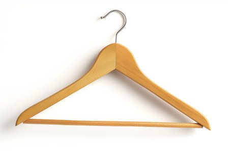 A single wooden coat hanger isolated on a white background, suggestive of simplicity and organization.の素材