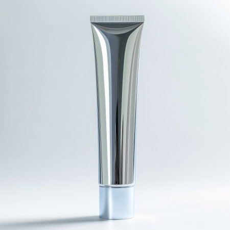 A blank, silver metallic cosmetic tube stands against a white backdrop, reflecting its surroundings with a clean minimalist design.の素材