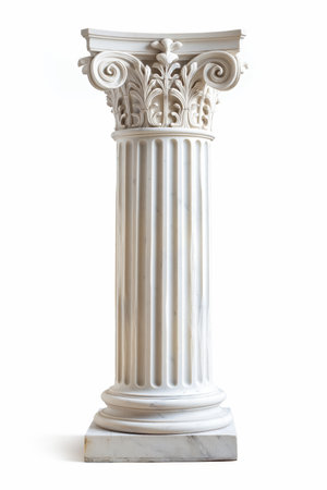 An elegant white Corinthian column isolated on a white background, representing classical architecture and design.の素材