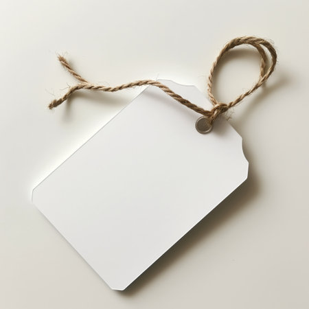 An empty white label tag with a natural fiber twine and metal eyelet on a light background.の素材