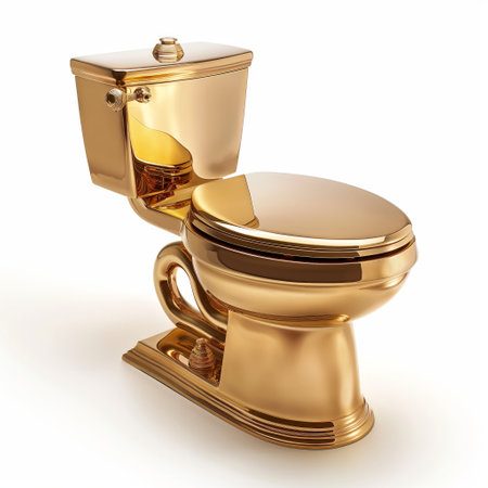 A shiny gold-plated toilet symbolizing wealth and luxury. Reflects opulence in bathroom fixtures.の素材