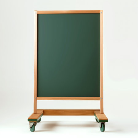 A blank green chalkboard with a wooden frame and wheels on a plain white background, symbolizing education and learning.の素材