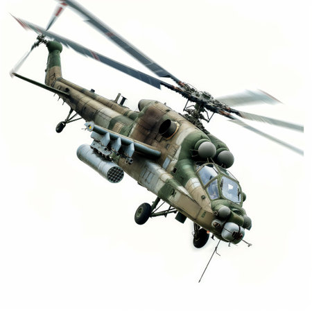 Close-up of a camouflaged military helicopter in the sky, showcasing its artillery and detail.の素材