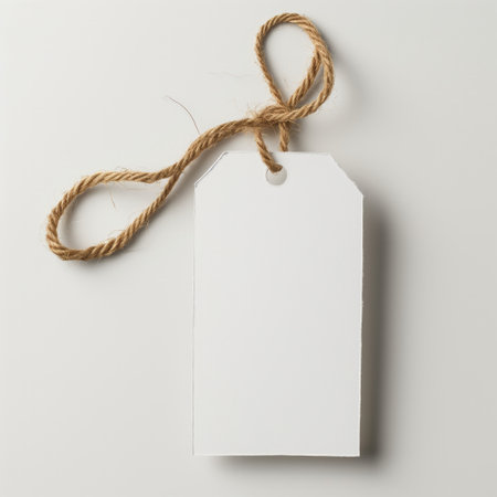 A blank white paper tag tied with a natural twine, isolated on a light background, implying branding and personalization possibilities.の素材