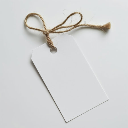 A plain white price tag with a natural fiber string, isolated on a white backdrop, symbolizing branding and merchandising.の素材
