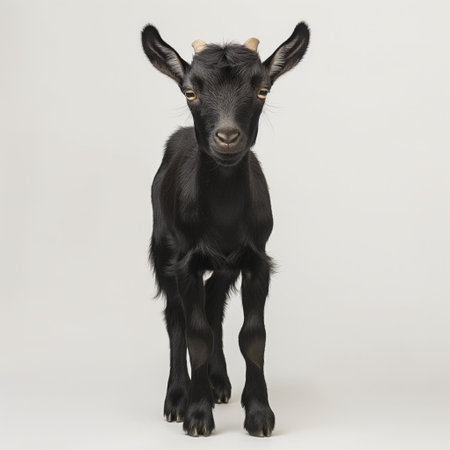 A young black goat standing, facing the camera on a seamless white background, looking curious and alert.の素材