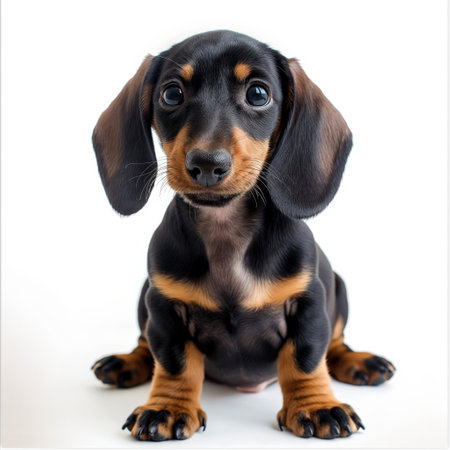 Cute black and tan dachshund puppy sitting against a white background, looking at the camera with a curious expression.の素材