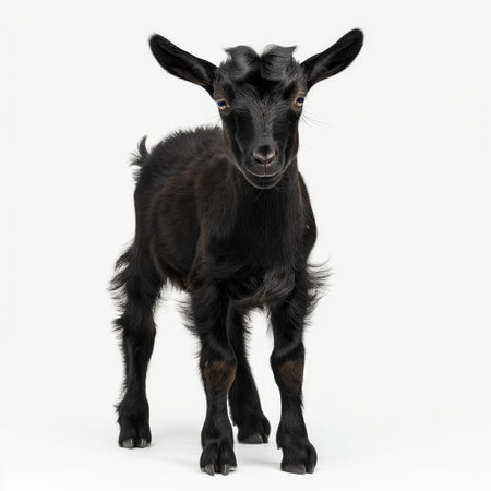 A playful young goat with shiny black fur looking directly at the camera, isolated on white.の素材