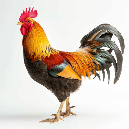 A vibrant, full-body portrait of a rooster showcasing its colorful feathers.の素材