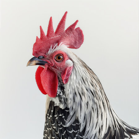 Close-up of a rooster with a striking red comb and patterned feathers.の素材