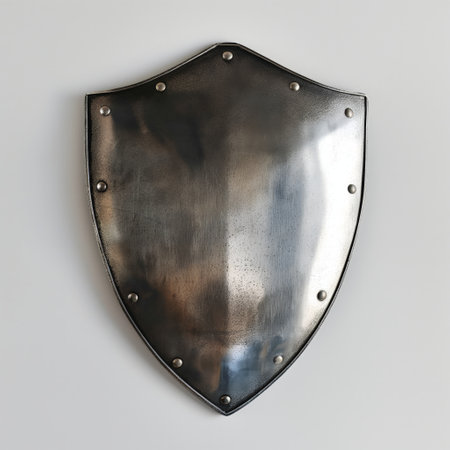 A metallic medieval shield mounted on a light gray wall, symbolizing security and heritage.の素材