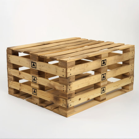 A neat stack of wooden pallets with shipping icons, on a white background, symbolizing logistics and transportation.の素材